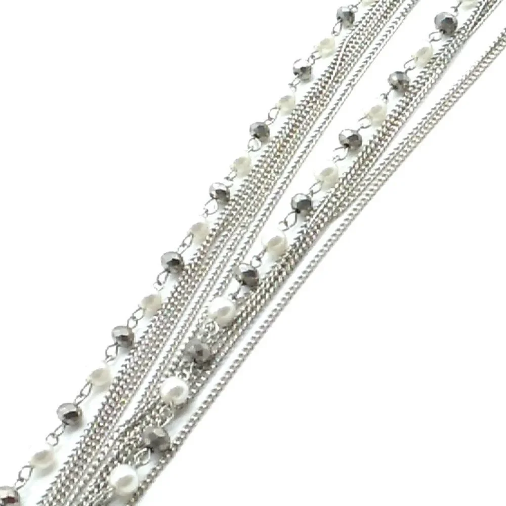 Faux Pearl Crystal Necklace Beaded Multi-Strand Layered Tassel Silver-tone Chain